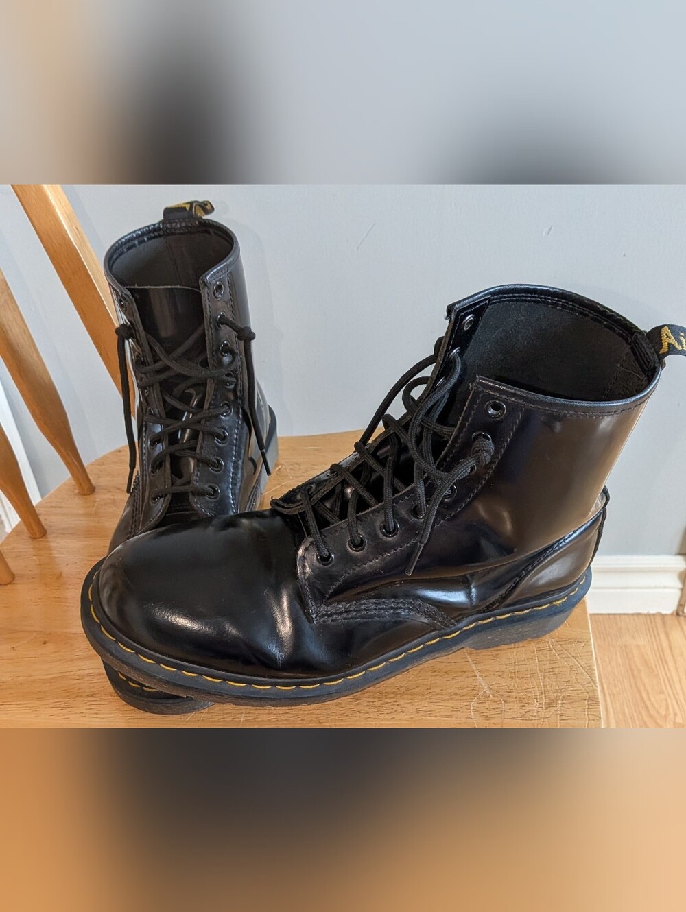 Dr. Martens Air Wair Black Leather Lace-Up Combat Boots with Yellow Stitching